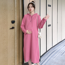 Pregnant women autumn hot mom fashion long sleeve dress 2021 new long size loose hooded sweater skirt