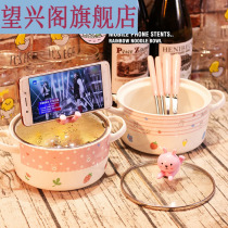 (Crazy summer price) bowl with lid cute girl heart bowl Japanese instant noodle bowl with lid ceramic with fork spoon