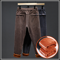 Autumn and winter style plus velvet thickened corduroy pants male youth Korean version of trend slim stretch fashion small feet casual pants