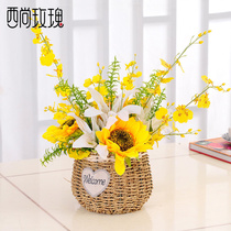 Straw portable flower basket simulation fake flower art Living room dining table tea table decoration sunflower pastoral flower arrangement ornaments