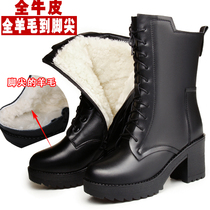 Leather wool big cotton boots middle boots womens winter boots New thick heel British style Martin boots womens short boots thick bottom womens boots