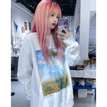 Sanjati crane2020 winter Monet oil painting print plus velvet round neck sweater men and women couples tide long sleeve