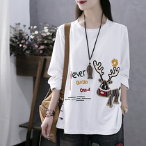 Han Soyi vintage art autumn new long sleeve T-shirt female round neck loose size pawn embroidered flower deer top