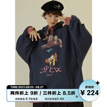 UNVESNO original retro CARTOON print winter plus velvet couple warm loose pullover fake two HOODED SWEATER