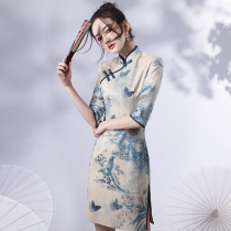 Chinese style improved cheongsam 2021 new young little girl ink dress autumn short sleeve