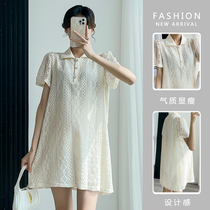 Pregnant Woman Lian Dress Summer Hollowed-out Lace Design Sensation Polo Shirt Collar Fashion Mid-Pregnancy Mom Dresses Summer Dress