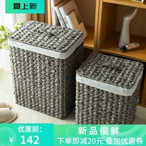 Grey rectangular imitation rattan knitted dirty clothes with cover cloth lining handmade laundry basket imitation water fairy grass chedine barrel