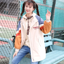  Girl windbreaker college style junior high school girls high school students autumn 15-year-old Korean version of the splicing medium-length jacket Japanese