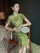 Green Old Shanghai qipao 2021 New womens autumn printed retro dress Dress Temperament Improved Version of the Long