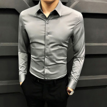 Rich bird spring and autumn new British fashion shirt men's long sleeve business slim solid color ice silk non-ironing shirt men's clothing