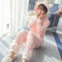 Hooded coral velvet pajamas womens autumn and winter long-sleeved thickened flannel winter Korean version of sweet and cute home clothes set