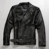 Mens leather leather clothing new slim zipper epaulettes lapel cowhide jacket Harley locomotive clothing mens coat