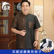 Heavy Xiangyun yarn Tang dress Mens short-sleeved shirt summer silk top Middle-aged loose large size scopoly silk clothes