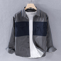 Collage Stripe Tooling Long Sleeve Shirt Men Fall New Day Ensemble Casual Blouse Jacket Loose Pure Cotton Lining