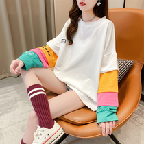 Real shot 2021 Spring loaded Han version loose printed letters sleeves splicing large code womens clothing and womens clothing