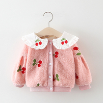 Female baby autumn and winter clothes plus velvet jacket 1-3 years old baby cute clothes thickened foreign atmosphere 0 girls autumn and winter cardigan