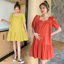 Pregnancy Woman Dress Summer Clothing Fashion Minimalist Pure Color Short Sleeve Square Collar Dress Loose Casual Skirt Summer Pregnant Woman Skirt Summer