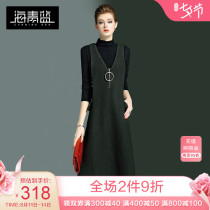 Sea blue 2021 autumn new European and American solid color V-neck sundress female slim wild woolen dress 2455