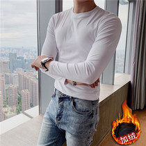 Tide brand young men tight plus velvet warm round neck white T-shirt autumn winter and autumn men autumn clothes base shirt tide