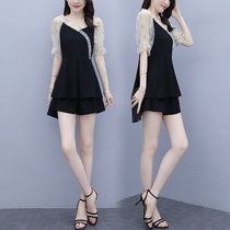 Plus size womens clothing 2023 summer new Korean version of mesh printing trumpet sleeve top covering belly and thin shorts suit for women