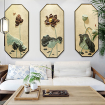 Chinese modern restaurant sofa background wall triple frameless decorative painting mural three-dimensional relief painted Lotus pendant