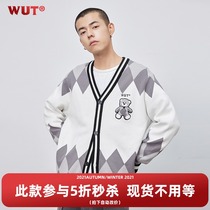(WUT sugar-free brand) original towel embroidered bear knit diamond grid cardigan sweater coat Xinjiang Cotton