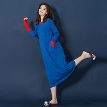 One-piece over-the-knee night dress with chest pad Womens 2020 autumn cotton long-sleeved pajamas Large size autumn and winter long dress home clothes