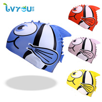 Green Tour children silicone swimming cap for boys and girls waterproof ear protection swimming hat Big Eye Fish cartoon large school swimming cap