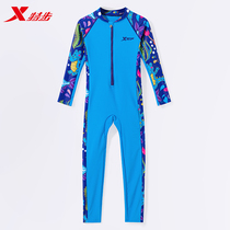  XTEP childrens swimsuit boys middle and older children summer 2021 new one-piece long-sleeved professional sunscreen quick-drying swimsuit