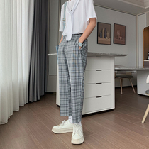 Hualun summer thin vintage plaid straight leg slacks mens wild Korean version trend cropped pants blazer pants