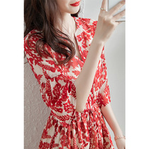 Mularsa Elegant Breath V Collar Red Dress Woman 2022 Summer New Laces Collection Waist Display Slim Middle Long Dress