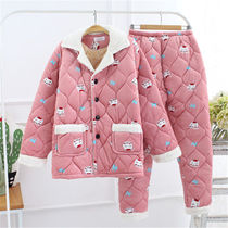 Cotton pajamas womens winter three layers of thick coral velvet flannel can be worn outside size can be worn outside warm home clothes