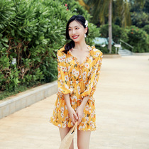 Swimsuit female fairy fan ins wind sexy bikini three-piece set floral small incense wind thin gathered resort spa