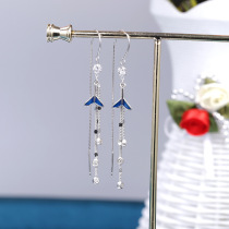 Yushangfu s925 Sterling Silver anti-lost ear line blue fishtail tassel long ear line Korean individual sex Super fairy ear ornaments