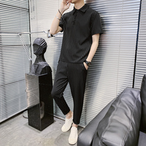 Summer One Suit Youth Tide Card Light Ripening Wind Mens Dress Striped Polo Shirt Matching 90% Pants Ice Silk Pendant Sensation Two