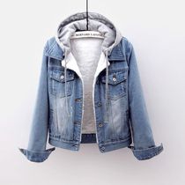 Denim cotton coat womens short winter Korean version thin plus velvet thickened jacket detachable hooded warm lambskin cotton clothing