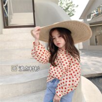  Girls  Red Polka Dot shirt 2021 spring Korean version of childrens female baby pleated lapel bottoming Western style long-sleeved shirt