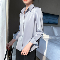  JACOOBS elephant gray satin shirt female design sense niche retro Hong Kong flavor simulation silk drape loose top