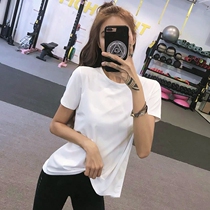 Yoga womens coat loose mesh stitching thin quick-drying breathable white hem card Fork Short sleeve fitness T-shirt