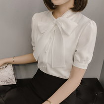 Bow foreign style white shirt women's 2022 summer new Joker slim goddess fan professional chiffon shirt