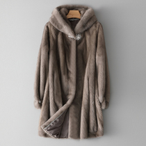 Mink leather Grand coat woman with long section 2021 New imported mink fur fur fur coat with cap with cap ZD7368