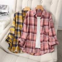 Korean pink plaid shirt womens new spring 2021 long sleeve casual thin coat long thin bottom shirt