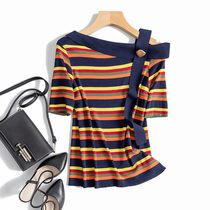 Charming French style thin short feminine high quality slip shoulder sweater Ice Silk blend T-shirt summer