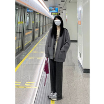 Casual loose sports pants womens autumn and winter 2021 show high and thin front slit trousers Korean version of high waist straight pants