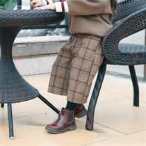 Children Horn bloomers Spring and Autumn New 2021 Korean girls plaid woolen wide leg pants ankle-length pants