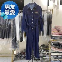 Fashion Korean version 2020 lace-up waist frock wide leg shirt collar temperament casual denim jumpsuit 1 female 60206