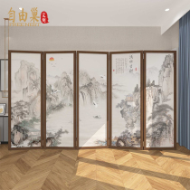 New Chinese style solid wood landscape screen partition living room entrance tea room Box exhibition hall mobile semi-transparent folding screen