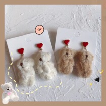 Plush mini bear doll earrings Korean temperament cute cartoon girl heart autumn and winter love heart earring female