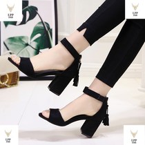 Summer new womens shoes thick-heeled high-heeled womens shoes with a word buckle belt exposed teeth sandals bag heel back zipper Roman shoes