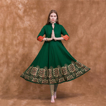 Indian Dance Practice Suit Green Big Swing Dress Performance Wear side cover Anna woman National Wind pure cotton printed spring summer